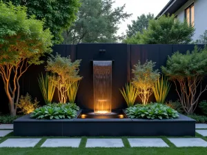 Water Wall Feature - Modern garden wall with sheet water feature cascading over black granite, lit from above, with architectural plants at base