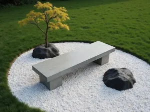 Zen Garden Bench - Aerial shot of a simple stone bench positioned over a bed of white gravel, with carefully placed black rocks and single specimen maple tree