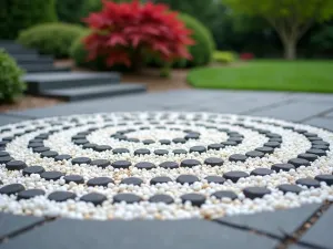 Zen Gravel Pattern - Close-up of precisely raked white gravel creating concentric circles around large charcoal-colored pavers, with a single Japanese maple in the background