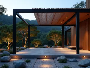 Zen Pergola Garden - Modern pergola with black powder-coated frame and bamboo roof slats, overlooking a minimalist rock garden with cloud-pruned trees and LED ground lighting, photorealistic