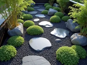 Zen Rock Garden Path - An aerial view of a contemporary zen-inspired rock garden with black polished pebbles creating flowing lines between large slate monoliths, accented with dwarf bamboo and moss patches