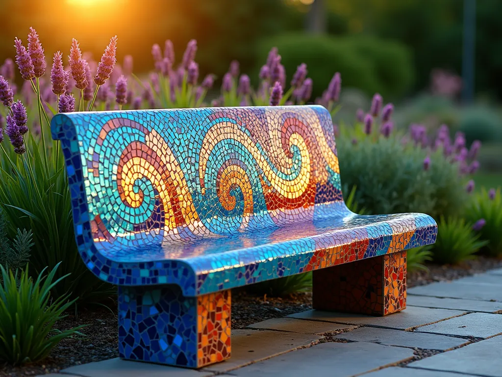 Vibrant Mosaic Garden Bench at Sunset - A stunning DSLR wide-angle capture of an artistic garden bench covered in vibrant mosaic tiles, photographed during golden hour. The bench features a mesmerizing abstract pattern with swirling designs in deep blues, turquoise, amber, and crimson tiles of varying sizes. Set against a lush garden backdrop with flowering perennials, the bench is positioned on a natural stone patio. Soft evening light catches the glass tiles, creating a sparkkling effect while casting long shadows across the textured surface. The artistic bench is flanked by ornamental grasses and lavender bushes, their purple blooms complementing the mosaic's color palette. Shot at f/8 with careful attention to detail and depth, capturing both the intricate tile work and the serene garden setting.