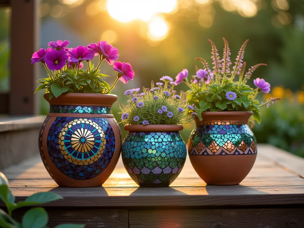 Bohemian Mosaic Garden Pots at Dawn - A close-up photograph of three handcrafted terracotta pots adorned with intricate mosaic patterns, captured during golden hour sunrise. The largest pot features a vibrant mandala design in jewel tones of blue, purple, and gold, while the medium pot showcases geometric patterns in turquoise and copper. The smallest pot displays swirling abstract designs in emerald and silver. Each pot contains cascading plants: the large pot with trailing purple petunias, the medium with silver dichondra, and the small with string of pearls. The pots are arranged on rustic wooden deck steps, with soft morning light creating long shadows and making the mosaic tiles sparkle. Shot with shallow depth of field, emphasizing the detailed mosaic work while keeping the background garden slightly blurred. 16mm focal length, f/2.8, ISO 400.