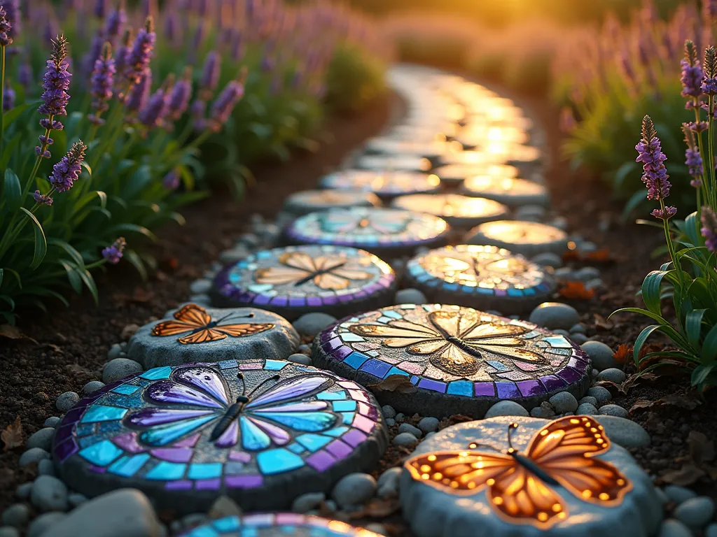 Butterfly Mosaic Garden Path at Dawn - A close-up perspective of an enchanting garden pathway at dawn, featuring handcrafted mosaic stepping stones with intricate butterfly designs. The stones showcase iridescent glass tiles in vibrant blues, purples, and amber hues, with mirror pieces catching the early morning light. Each stepping stone depicts a different butterfly species, from Monarchs to Swallowtails, set against a natural garden backdrop with morning dew-covered lavender and butterfly bush borders. The path curves gently through the garden, with soft golden sunlight creating a magical atmosphere as it reflects off the metallic and glass elements in the mosaics. Shot with a 16-35mm lens at f/2.8, ISO 400, capturing both the detailed artistry of the individual stones and the dreamy garden setting.