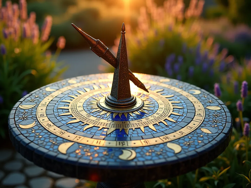 Celestial Mosaic Garden Sundial - A stunning close-up photograph of an elegant mosaic sundial in a serene garden setting during golden hour. The circular sundial features intricate mosaic patterns in deep blue, gold, and silver glass tiles, forming celestial motifs of sun rays, stars, and moon phases. The metallic tiles catch the warm evening light, creating a mesmerizing sparkle effect. The gnomon casts a dramatic shadow across the carefully numbered hours marked in shimmering copper mosaic pieces. The sundial is centerpiece of a small meditation garden, surrounded by lavender and ornamental grasses that sway gently in the background. Shot with a DSLR camera at f/8, ISO 100, capturing the intricate details of each tile while maintaining the dreamy garden atmosphere.