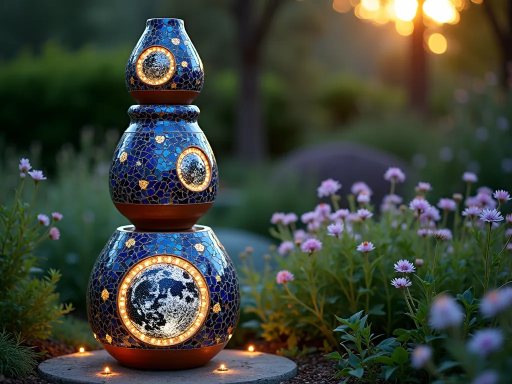 Celestial Mosaic Garden Totem at Dusk - A stunning garden totem sculpture at dusk, composed of stacked ceramic pots in graduating sizes, adorned with intricate mosaic patterns featuring celestial designs in deep blues, silvers, and gold. The totem stands 6 feet tall against a lush garden backdrop with flowering perennials. The mosaic pieces catch the last rays of sunlight, creating a magical sparkle effect. The detailed close-up shot captures the intricate moon phases, stars, and spiral galaxy patterns made from iridescent glass tiles, mirror fragments, and colored ceramic pieces. Soft garden lighting illuminates the base, casting enchanting shadows on the surrounding foliage.