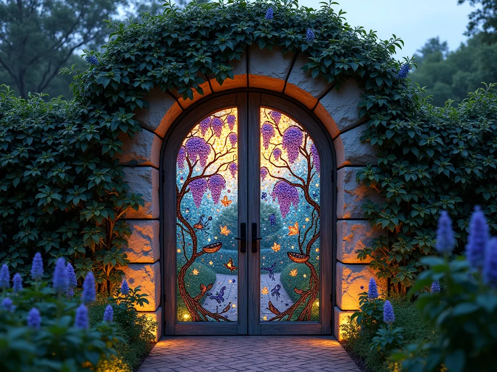 Enchanted Mosaic Garden Gate at Dusk - A whimsical garden gate transformed by an intricate mosaic design, photographed at dusk with soft ambient lighting. The mosaic features iridescent glass pieces forming climbing wisteria vines in purples and greens, with delicate blue and orange butterflies scattered throughout. Hidden mosaic creatures like small lizards and birds peek out from behind the vine pattern. Mirror pieces strategically placed create a magical sparkle effect, catching the last rays of sunset. The gate is set within a natural stone archway covered in real climbing jasmine, creating a perfect blend of art and nature. A gentle garden path leads through the gate, with subtle ground lighting illuminating the way. Shot from a slight angle to capture both the detail of the mosaic work and the mysterious garden beyond.