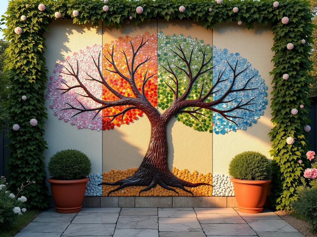 Four Seasons Mosaic Tree Garden Wall - A stunning wide-angle DSLR photograph of a large outdoor garden wall featuring an elegant mosaic mural of a stylized tree divided into four distinct sections. The tree's base is unified, branching into four different seasonal representations. Spring section shows pink and white cherry blossom tiles, summer displays vibrant green glass tiles, autumn features rich amber and red mosaic pieces, and winter showcases crystalline blue and white tiles with hints of silver. Golden hour lighting casts warm shadows across the textured surface, while a natural stone path leads to the wall. Mediterranean-style terracotta planters with flowing ivy frame the base, while climbing roses add depth to the composition. Shot at f/8 with perfect depth of field, capturing the intricate detail of each tile while maintaining the grandeur of the complete artwork. The wall is nestled within a lush garden setting with strategic landscape lighting highlighting the mosaic's dimension.