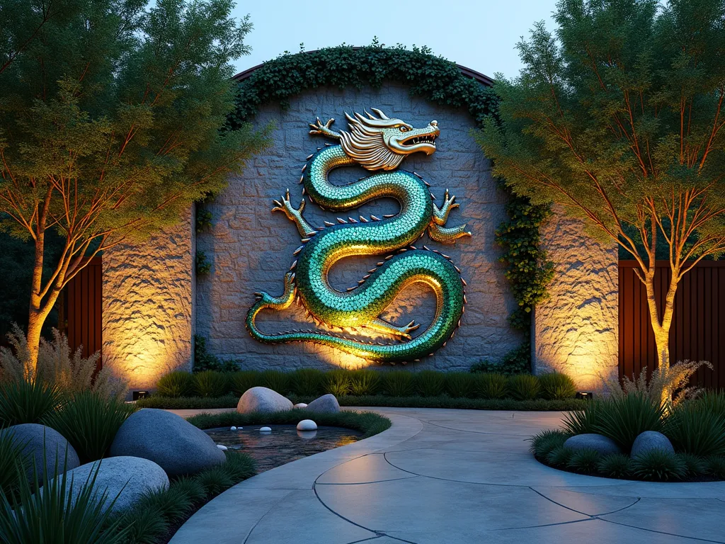 Iridescent Dragon Mosaic Garden Wall at Dusk - A stunning wide-angle shot of a curved garden wall at dusk featuring a magnificent mosaic dragon design. The serpentine dragon, crafted from iridescent glass tiles and metallic pieces, appears to wind its way across the textured stone wall, its body undulating in three-dimensional relief. The dragon's scales shimmer with deep blues, emerald greens, and golden highlights, catching the warm evening light. The wall is partially covered in climbing jasmine, adding organic elements to the artistic installation. Strategic uplighting illuminates the mosaic, creating dramatic shadows and making the metallic elements gleam. The foreground features a peaceful zen garden with smooth river rocks and ornamental grasses, while mature Japanese maples frame the scene with their delicate foliage.