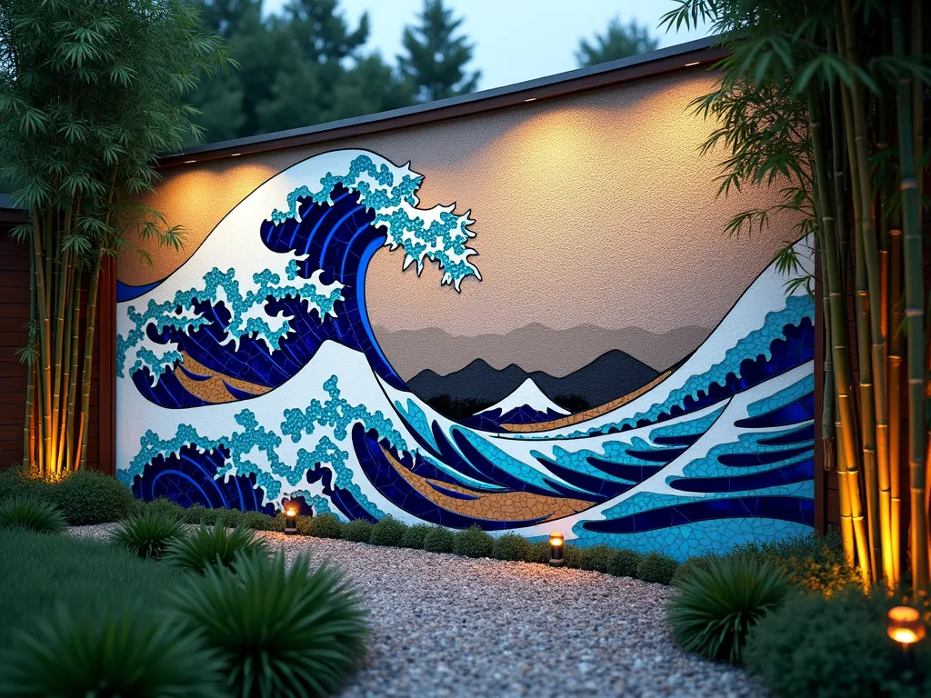 Japanese Wave Mosaic Garden Wall at Dusk - A stunning garden wall mosaic at dusk featuring Hokusai's Great Wave recreated in brilliant blue and white ceramic tiles, photographed with a wide-angle lens. The dramatic 8-foot-tall mosaic wall curves elegantly through a zen garden, with pieces of mirror artfully incorporated to catch the golden sunset light, creating a shimming effect in the wave's foam. Small LED ground lights illuminate the base of the wall, casting subtle shadows that enhance the wave's sense of movement. The foreground shows a peaceful gravel path lined with low-growing Japanese forest grass, while mature bamboo plants frame the scene on either side. Shot at f/2.8 with soft bokeh effect in background, capturing the interplay of natural and artificial light on the reflective surface of the mosaic.