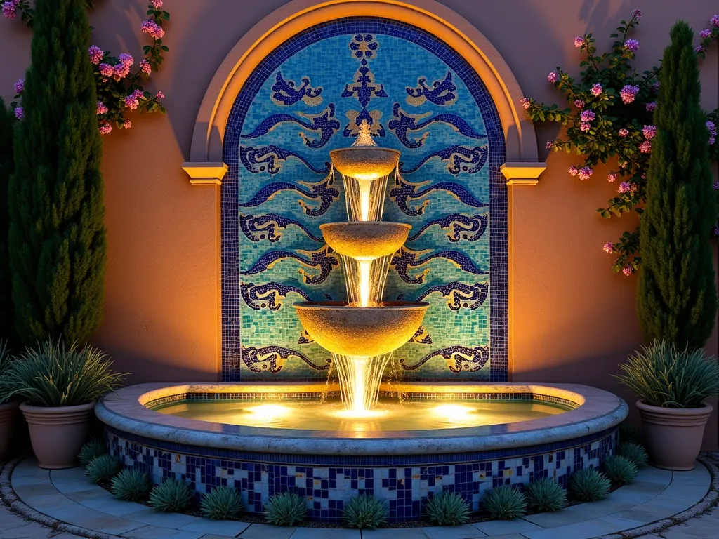 Mediterranean Mosaic Wall Fountain at Dusk - A stunning Mediterranean-style wall fountain photographed at dusk using a 16-35mm lens at f/2.8, ISO 400. The intricate mosaic design features deep cobalt blues, turquoise, and rich gold tiles arranged in classical Mediterranean patterns of flowing waves and geometric stars. Water cascades down multiple tiers, catching the warm evening light and creating mesmerizing reflections. The fountain is mounted on a weathered terracotta wall surrounded by climbing bougainvillea and potted cypress trees. Atmospheric garden lighting illuminates the water feature from below, making the mosaic tiles shimmer and dance. The wide-angle composition captures both the grandeur of the fountain and its harmonious integration into the garden setting, while Mediterranean herbs like lavender and rosemary add authentic charm to the base.