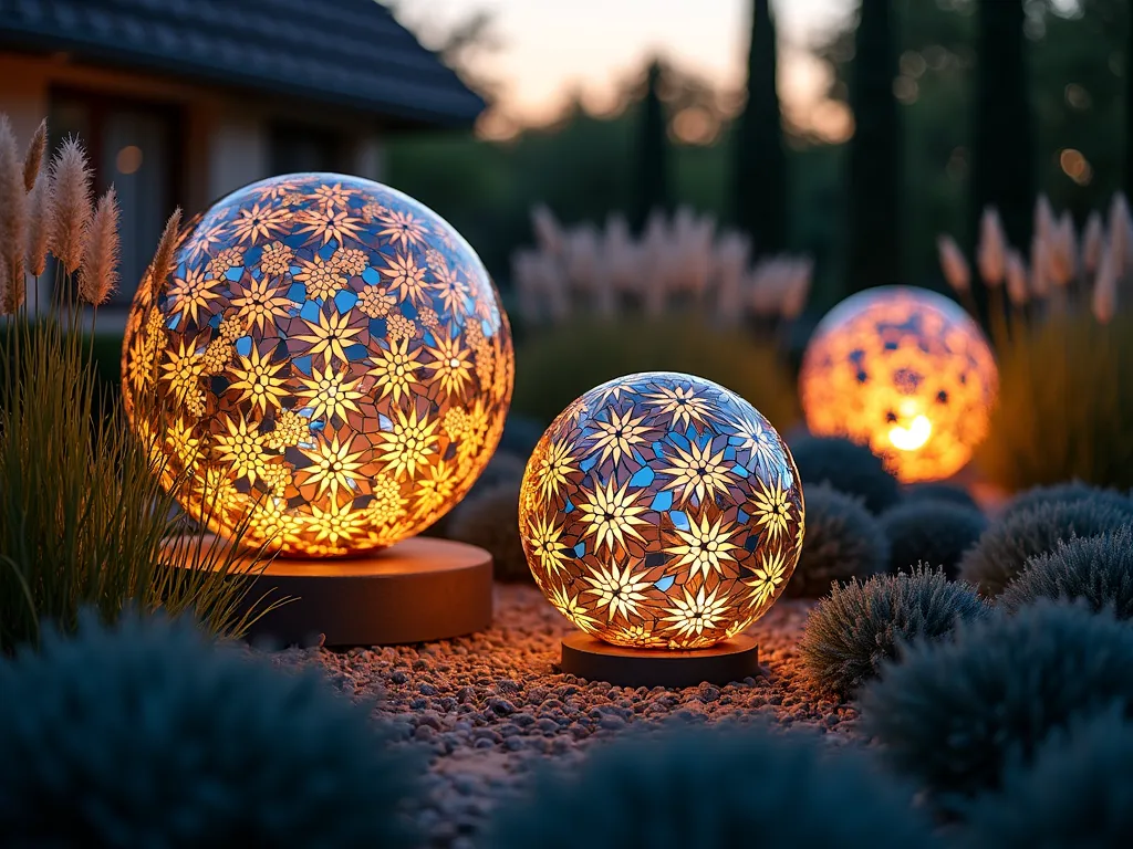 Modern Mosaic Garden Spheres at Twilight - A stunning twilight garden scene featuring three large geometric mosaic spheres of varying sizes (24-36 inches) positioned among ornamental grasses. The spheres showcase intricate geometric patterns made from metallic copper, silver, and mirror tiles, creating a mesmerizing light display as they catch the last rays of sunset. Photographed from a low angle perspective, with the largest sphere in the foreground and others artfully placed in the middle ground. Soft landscape lighting illuminates the spheres from below, creating dramatic shadows and highlighting the reflective surfaces. Mexican feather grass and blue fescue provide a flowing, textural contrast to the rigid geometric patterns. Shot with shallow depth of field to create a dreamy bokeh effect in the background garden space. Professional DSLR photography with careful attention to capturing the interplay of natural and artificial light on the reflective surfaces.