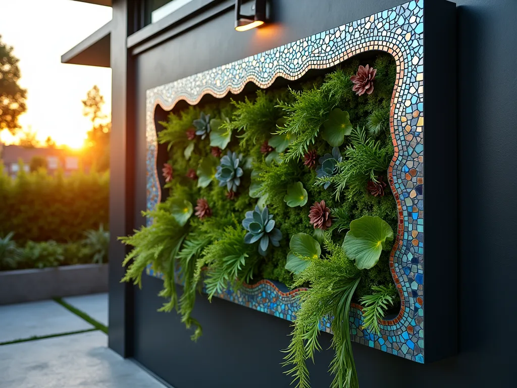 Modern Living Wall with Mosaic Frame at Sunset - A stunning close-up view of a contemporary living wall installation framed by an intricate mosaic border, photographed during golden hour. The mosaic features a flowing pattern of iridescent blue, copper, and silver tiles that complement the cascading greenery. The living wall showcases a lush variety of ferns, pothos, and flowering bromeliads arranged in a geometric pattern. The mosaic frame appears to shimmer as it catches the warm sunset light, creating a magical interplay between the organic plant forms and the artistic tile work. The installation is mounted on a sleek charcoal-colored exterior wall of a modern patio space, with subtle landscape lighting beginning to illuminate the piece as day transitions to dusk.