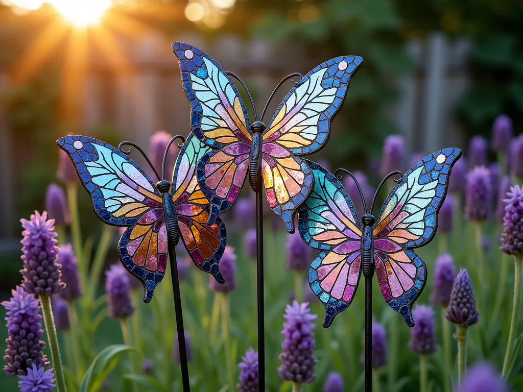 Mosaic Butterfly Garden Stakes at Sunset - Close-up shot of three vibrant mosaic butterfly garden stakes nestled among blooming purple coneflowers and lavender. The butterflies feature intricate mosaic patterns in iridescent blues, purples, and gold tiles that shimmer in the warm sunset light. The largest butterfly stake stands 3 feet tall, with smaller ones creating depth. Golden hour sunlight filters through the garden, casting long shadows and making the glass mosaic tiles sparkle. The background shows a softly blurred cottage garden with climbing roses and a rustic wooden fence covered in ivy.