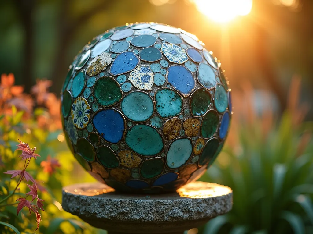 Mosaic Garden Sphere at Dawn - A close-up photograph of a stunning 24-inch mosaic garden sphere at dawn, created from broken vintage china and pottery pieces in shades of cobalt blue, emerald green, and gold. The sphere sits atop a weathered stone pedestal in a lush garden setting, with morning dew glistening on the ceramic fragments. Soft, golden sunrise light catches the intricate patterns of broken teacups, plates, and bowls arranged in a swirling design across the sphere's surface. The background features blurred Japanese maples and ornamental grasses, creating depth and atmosphere. Shot with a shallow depth of field highlighting the sphere's detailed mosaic work, while capturing lens flare from the rising sun. 16mm focal length, f/2.8.