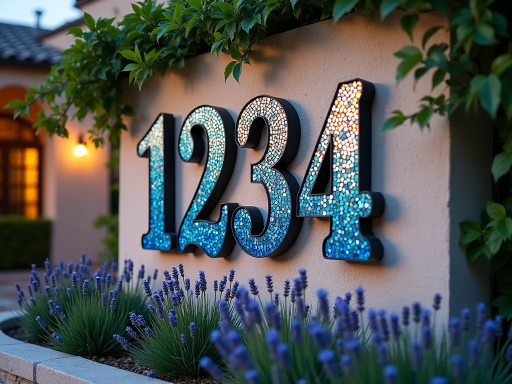 Artistic Mosaic House Numbers at Dusk - Close-up shot of elegant mosaic house numbers '1234' mounted on a modern stone wall at dusk. The numbers feature intricate mosaic patterns in shades of blue, turquoise, and copper, with small mirror pieces catching the warm garden lighting. A well-maintained flower bed below contains blooming lavender and ornamental grasses, while climbing jasmine frames the artistic display. The mosaic numbers incorporate swirling designs that match the home's Mediterranean-inspired architecture, with weather-resistant backing ensuring durability. Soft landscape lighting creates a magical ambiance, highlighting the dimensional texture of the mosaic work against the natural stone backdrop.