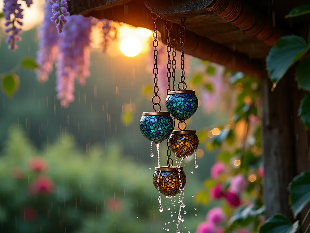 Enchanting Mosaic Rain Chain at Dusk - A close-up photograph of a stunning mosaic rain chain hanging from a rustic copper gutter, captured during a light evening rain. The chain features handcrafted ceramic cups adorned with intricate mosaic patterns in jewel tones of sapphire blue, emerald green, and amber. Water gracefully cascades down the chain, creating a mesmerizing display as golden hour light catches each droplet. The background shows a softly blurred cottage garden with climbing roses and wisteria. Shot with shallow depth of field highlighting the detailed mosaic work, while capturing the magical interaction between water and light. 16-35mm lens at f/2.8, ISO 400, during dusk.