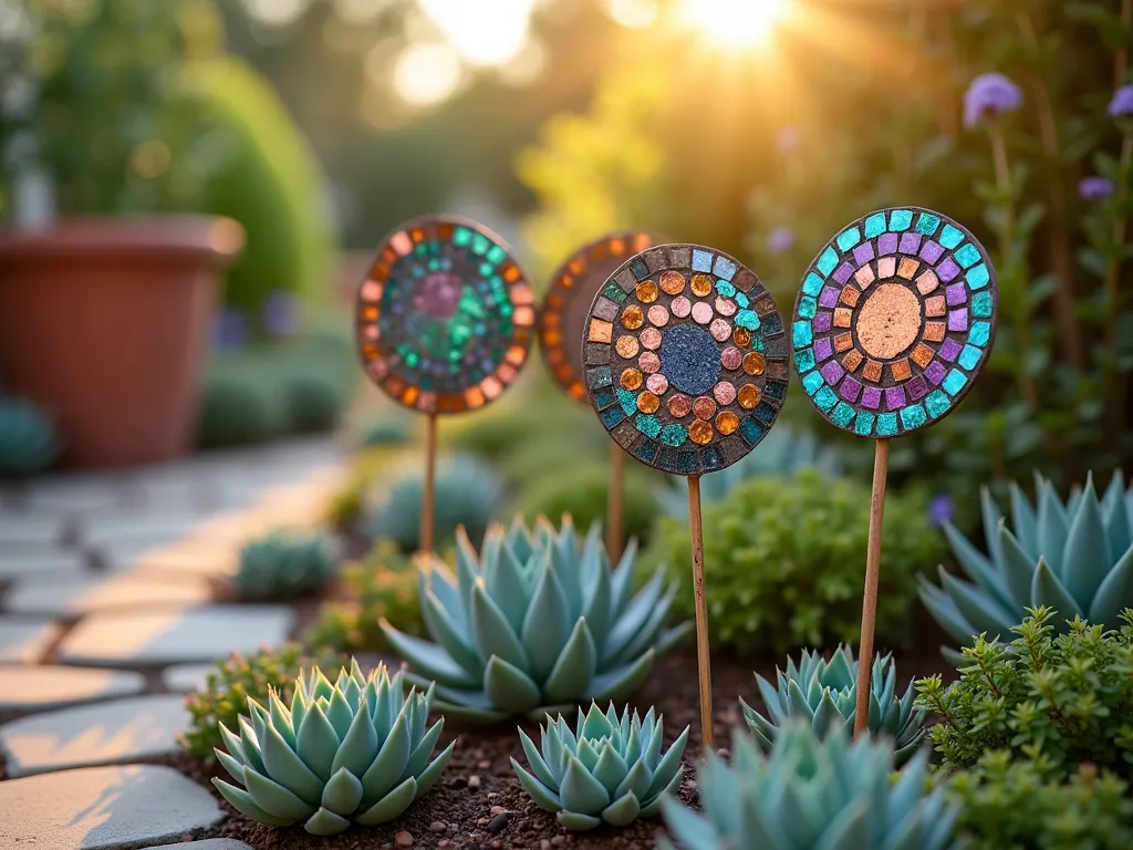 Mosaic Succulent Plant Markers in Garden - Close-up shot during golden hour of decorative mosaic plant markers in a succulent garden. Handcrafted stakes feature intricate mosaic patterns in turquoise, copper, and purple glass tiles, catching the warm sunlight. Multiple markers are artfully arranged among a variety of succulents, including Echeveria and Sedum, creating a whimsical and organized garden display. The background shows a blurred stone pathway and terracotta planters, with dappled sunlight filtering through nearby foliage.