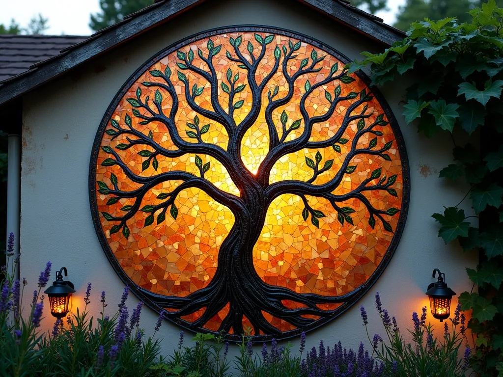 Majestic Mosaic Tree of Life Garden Wall - A stunning mosaic tree of life artwork mounted on a weathered garden wall at dusk, photographed in wide angle. The intricate design features shimmering stained glass pieces in rich amber, deep browns, forest greens, and emerald tones. The tree's branches spiral outward in Celtic-inspired patterns against a warm copper background, while the root system below mirrors the complexity of the canopy. Solar-powered garden lights illuminate the piece from below, creating a magical glow that highlights the dimensional texture of the glass work. A blooming cottage garden with lavender and sage frames the bottom of the wall, while climbing ivy naturally frames the edges of the mosaic. The piece is photographed during the golden hour, with the setting sun causing the glass pieces to sparkle dramatically.