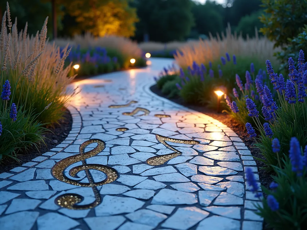 Musical Mosaic Garden Path at Twilight - A winding garden pathway photographed at twilight, featuring intricate mosaic musical notes and staff lines embedded in the concrete. The path is illuminated by warm garden lights, with deep blue and gold glass tiles forming flowing musical notes against a white background. Delicate lavender and blue salvia line the edges of the path, swaying gently in the evening breeze. The path curves through a lush garden, with ornamental grasses creating a soft, natural frame. Shot with a wide-angle lens at ground level, capturing the full sweep of the musical pattern and the surrounding garden landscape. The mosaic work catches the golden hour light, creating a magical, enchanted atmosphere.