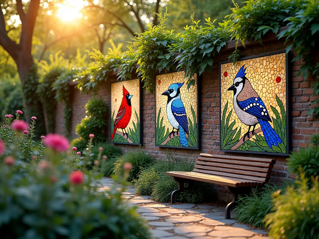 Mosaic Bird Panel Garden Gallery - A serene garden scene at golden hour featuring three large, handcrafted mosaic panels mounted on a weathered brick garden wall. Each panel, approximately 3 feet tall, depicts detailed portraits of native birds - a vibrant Blue Jay, Cardinal, and Chickadee - rendered in intricate glass tile work with realistic coloring. The panels are surrounded by flowering native plants and climbing vines, with dappled sunlight creating a magical atmosphere. The mosaic pieces catch and reflect the warm evening light, making the birds appear almost animated. A stone pathway leads viewers to this artistic focal point, while a wooden bench provides a contemplative viewing spot. Shot from a slight angle to capture both the detail of the mosaics and their integration into the garden setting, with selective focus on the central panel. Professional DSLR capture with pristine clarity showing the meticulous tile work and natural garden environment.