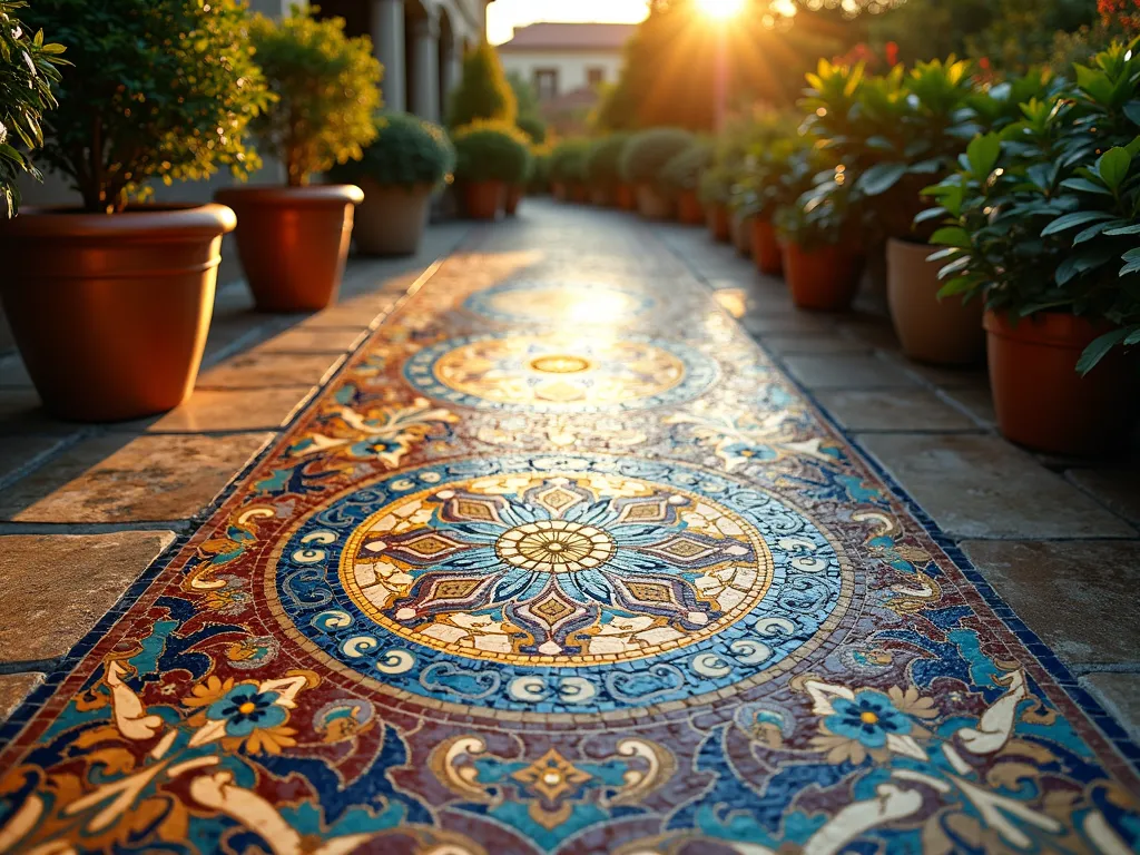 Persian Carpet Mosaic Patio - A stunning close-up shot of an elaborate mosaic patio inlay at golden hour, featuring an intricate Persian carpet pattern design. The mosaic uses rich jewel-toned tiles in deep blues, burgundies, and gold, forming mesmerizing geometric patterns with arabesque motifs and medallions. The intricate tilework is surrounded by lush Mediterranean plants in copper planters, with soft evening light casting long shadows across the detailed patterns, highlighting the dimensional quality of the mosaic work. The design seamlessly integrates into a larger stone patio space, creating a luxurious outdoor living area reminiscent of ancient Persian gardens.