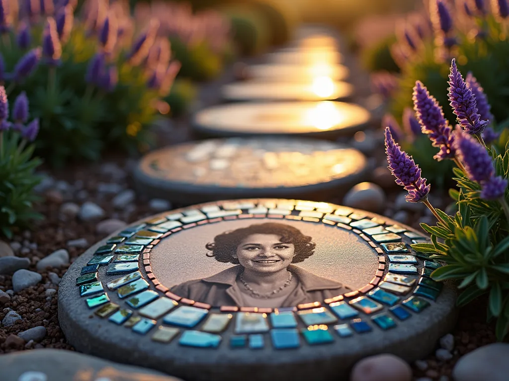 Personalized Family Mosaic Memory Stone Path - A close-up shot at golden hour of an enchanting garden pathway featuring handcrafted mosaic stepping stones. The centerpiece stone contains a sepia family photo protected under clear glass, surrounded by an intricate border of iridescent blue and copper mosaic tiles. Adjacent stones display important dates and heartfelt messages in metallic tiles, complemented by soft purple Mexican sage and lavender growing along the edges. The stones glow warmly in the late afternoon sun, creating a magical atmosphere in this intimate garden setting. Shot with shallow depth of field, focusing on the detailed mosaic work while the background garden elements fade into a dreamy blur. 16mm, f/2.8, ISO 400.