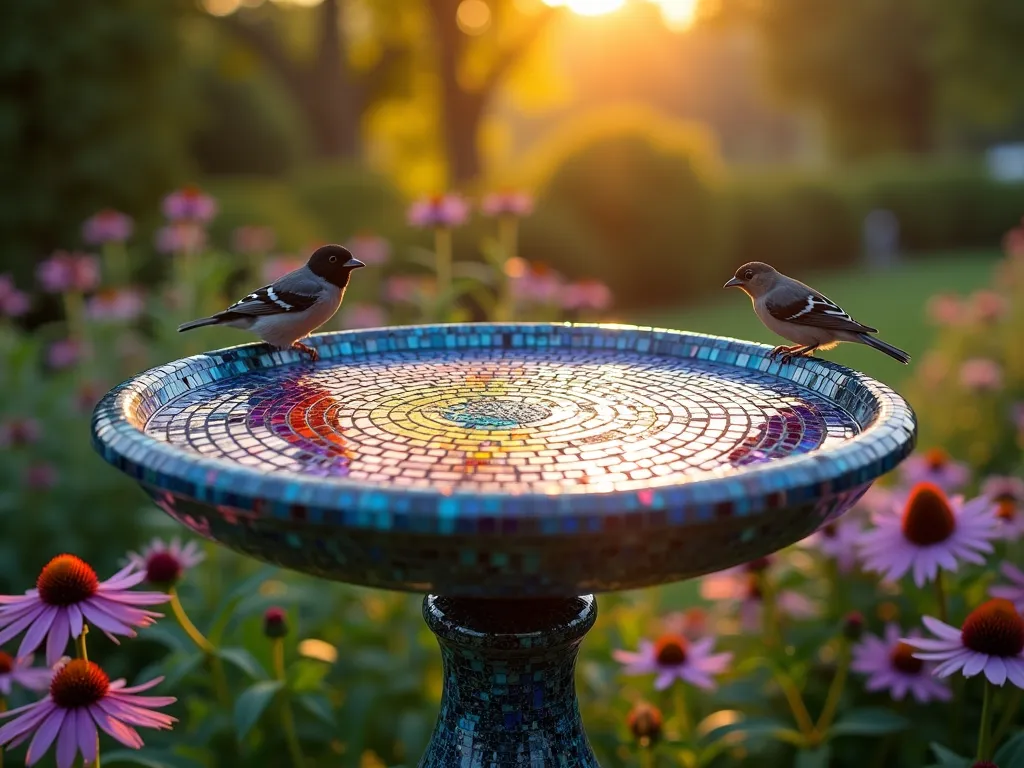 Rainbow Mosaic Birdbath Garden Centerpiece - A stunning close-up shot of a pedestal birdbath at golden hour, featuring an intricate mosaic pattern in concentric circles of vibrant rainbow colors. The glass tiles shimmer in the warm sunlight, creating a kaleidoscope effect on the water's surface. Small songbirds perch on the bath's rim while butterfly bushes and purple coneflowers frame the background. The mosaic design transitions from deep blue at the center through violet, red, orange, and yellow towards the rim, with small iridescent tiles creating a sparkling effect. Soft bokeh effect in the background shows a lush garden setting with dappled light filtering through trees.