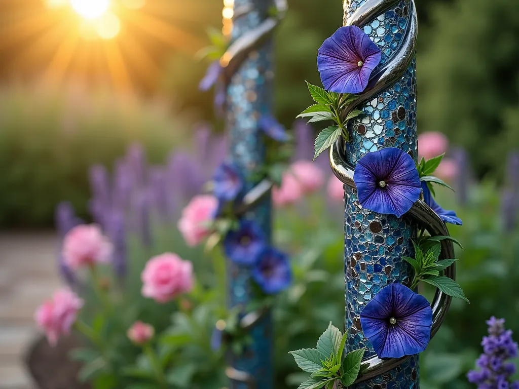 Spiral Mosaic Garden Poles with Morning Glory - Close-up shot of elegant 7-foot garden poles adorned with intricate spiral mosaic patterns in shimmering blues, purples, and silver glass tiles, set in a lush garden at golden hour. Morning glory vines gracefully wind around the poles, their violet-blue flowers complementing the mosaic design. Soft sunlight catching the metallic tiles creates a magical sparkle effect, while the background shows a peaceful cottage garden with lavender and roses slightly out of focus. The mosaic pattern transitions from darker blue at the base to lighter silver tones at the top, mimicking natural vine growth.