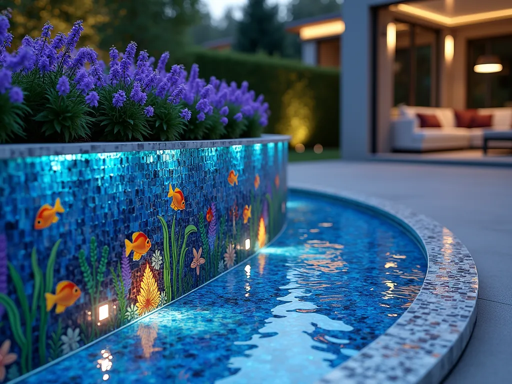 Mosaic Underwater Garden Border at Twilight - A close-up perspective of a stunning mosaic garden border at twilight, featuring an intricate underwater scene with iridescent blue and turquoise glass tiles creating a water effect. The mosaic depicts vibrant orange and yellow tropical fish swimming among swaying purple sea fans and emerald seaweed. Small LED lights embedded within the border illuminate the scene, making the glass tiles shimmer like real water. The border curves elegantly along a raised flower bed filled with cascading blue lobelia and purple verbena, creating a harmonious blend between the mosaic art and live plants. The background shows a softly lit modern garden patio with comfortable seating, while the mosaic border serves as a magical dividing element between the hardscape and planted areas. Photorealistic, highly detailed, magical garden atmosphere, architectural photography style.