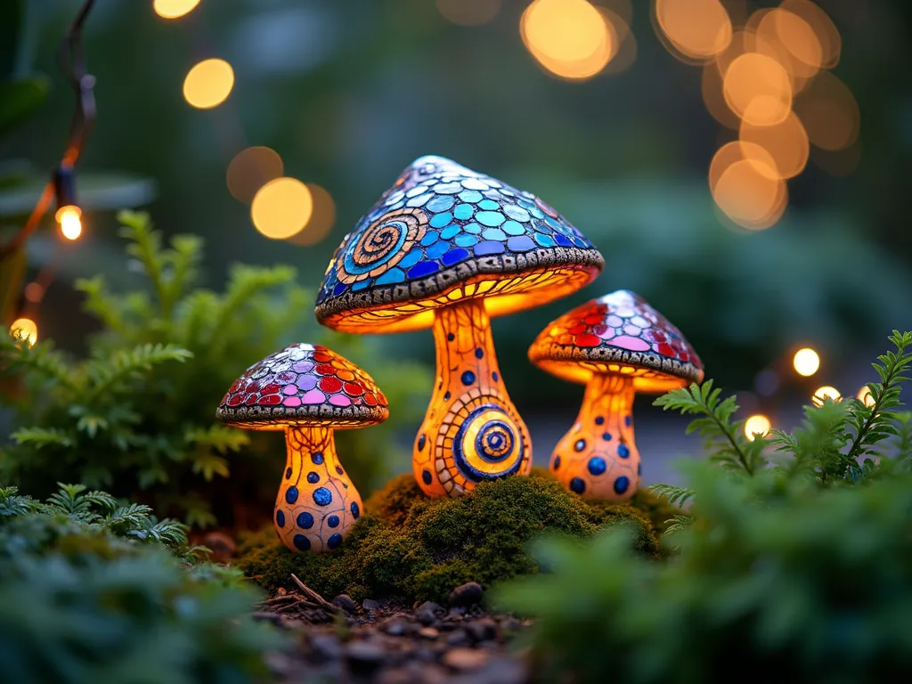 Whimsical Mosaic Mushroom Garden Art at Twilight - A magical close-up shot of three handcrafted mosaic garden mushrooms at twilight, nestled among ferns and moss in a secluded garden corner. The mushrooms feature vibrant stained glass and ceramic tile patterns in swirling designs of blue, red, and gold. The tallest mushroom stands 3 feet high with a spiral pattern on its cap, while two smaller ones display playful polka dots and stripes. Soft garden lights illuminate the scene, creating a ethereal glow that reflects off the metallic tiles. The mushrooms are surrounded by low-growing creeping thyme and delicate fairy lights wrapped around nearby shrubs, creating an enchanted garden atmosphere. Shallow depth of field with dreamy bokeh effect.