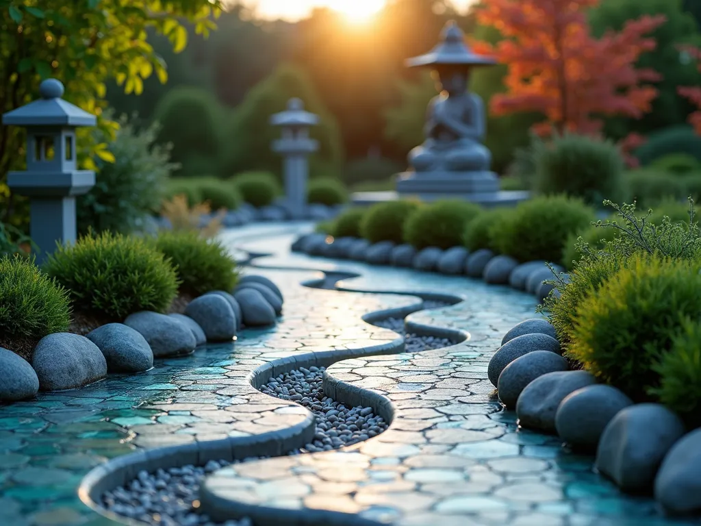 Zen Mosaic Garden Path at Dusk - A serene garden pathway photographed at dusk with golden hour lighting casting long shadows. The meandering path is crafted from smooth, polished river rocks in varying shades of gray and white, interspersed with iridescent blue and green glass mosaic tiles that form gentle wave patterns. The path is bordered by low-growing Japanese forest grass and dwarf bamboo, with traditional stone lanterns placed strategically along the curves. Shot from a low angle perspective to emphasize the flowing pattern, with soft bokeh effect in the background highlighting a small Buddha statue and maple trees. The glass tiles catch the evening light, creating subtle sparkles throughout the composition. Professional DSLR shot with wide-angle lens, f/8, ISO 100, 1/125 sec, natural dusk lighting.