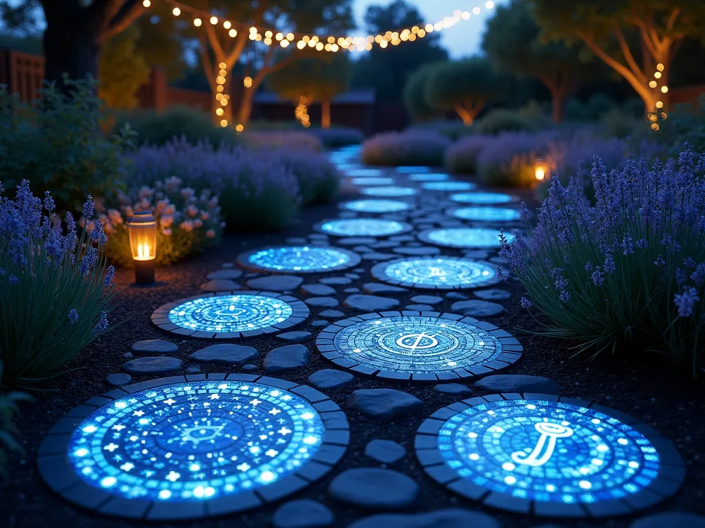 Celestial Mosaic Garden Path at Night - A mystical garden pathway at twilight, featuring twelve circular mosaic stepping stones arranged in a gently curved path through a moonlit garden. Each stone depicts a different zodiac constellation crafted in luminous blue and silver glass tiles with glow-in-the-dark accent pieces that shimmer like stars. The path is lined with low-growing lavender and white flowering plants, their soft silhouettes visible in the moonlight. Ethereal ground lighting illuminates the mosaic path from below, while string lights draped in nearby trees create a magical canopy overhead. The stepping stones cast a soft, otherworldly blue glow, with the constellation patterns clearly visible against the darker stone backgrounds. Captured in a wide-angle perspective that shows the entire meandering path while still highlighting the intricate details of the constellation designs.