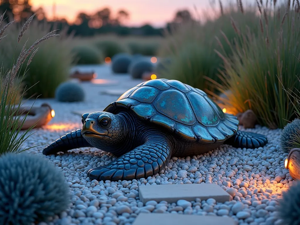 Bronze Sea Turtle Garden Sculpture at Dusk - A stunning dusk garden scene featuring a weathered bronze sea turtle sculpture as the centerpiece, surrounded by coastal grasses and native beach plants. The sculpture, measuring 4 feet wide, rests on a bed of white pebbles and is complemented by softly illuminated blue garden lights. Swaying ornamental grasses create movement in the foreground, while weathered driftwood pieces accent the edges. A natural stone pathway winds through the display, with subtle landscape lighting casting warm shadows across the sculpture's patinated surface. Shot from a low angle to emphasize the sculpture's presence, with the golden hour sky creating a magical coastal ambiance. The composition includes Mexican feather grass and blue fescue for authentic beach vegetation, captured with professional DSLR settings for optimal depth and clarity.