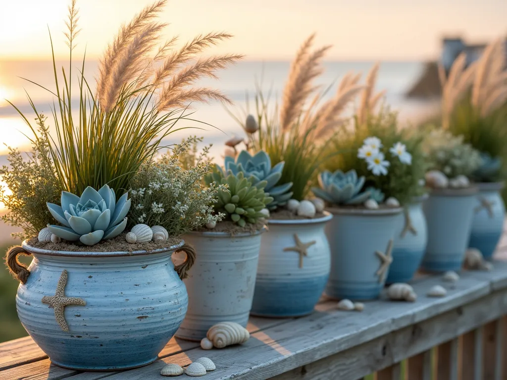 Seaside Container Garden at Sunset - A close-up shot of an elegant coastal container garden arrangement on a weathered wooden deck at sunset. Multiple distressed blue and white ceramic containers of varying heights showcase flowing coastal grasses, silvery-blue succulents, and white beach daisies. The containers feature nautical rope handles and are adorned with carefully placed seashells and starfish. Golden evening light filters through the ornamental grasses, creating a warm, magical atmosphere. Sand dollars and small pieces of driftwood are artfully scattered between the containers, while the ocean can be seen blurred in the background, completing the coastal paradise setting.