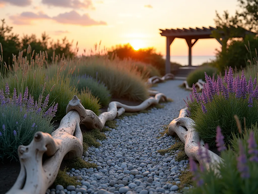 Coastal Garden Path with Driftwood Border - A winding garden path at golden hour, bordered by weathered driftwood pieces arranged artistically along both sides. The natural, sun-bleached wood contrasts beautifully with purple beach asters and swaying ornamental grasses. Smooth beach pebbles in varying shades of gray scatter between the driftwood pieces, while coastal lavender and blue fescue create a soft backdrop. Shot from a low angle with shallow depth of field, capturing the warm sunset light filtering through the grasses, highlighting the texture of the driftwood. The path curves gently into the distance, leading to a cozy coastal-style pergola. Natural seaside ambiance with wispy clouds in the background and sea thrift adding pops of pink among the rocks.