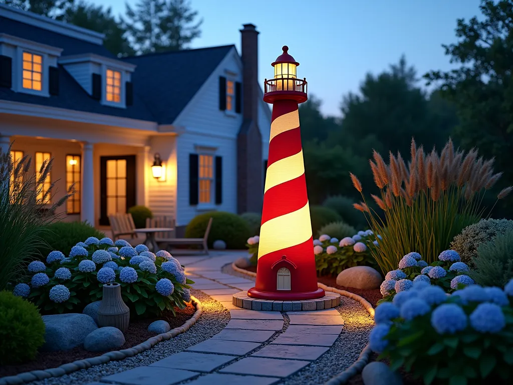 Coastal Garden Lighthouse at Twilight - A twilight scene of a charming 8-foot tall decorative lighthouse standing proudly in a coastal garden setting. The lighthouse features classic red and white spiral stripes and a warm, glowing light emanating from its top. Surrounded by swaying ornamental grasses, blue hydrangeas, and white flowering shrubs. Natural stone pathway leading to the lighthouse, with weathered driftwood accents and seashell borders. Soft landscape lighting illuminates the surrounding garden beds. The lighthouse casts long shadows across a small patio area decorated with nautical rope details and weathered wooden benches. Cape Cod style home visible in the background. Shot from a wide angle perspective to capture the entire garden setting with dramatic dusk lighting.