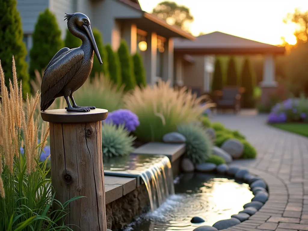 Coastal Garden Pelican Post at Sunset - A serene coastal garden scene at golden hour, featuring a weathered wooden post with an artistically crafted bronze pelican sculpture perched on top, its wings slightly spread. The post stands 6 feet tall near a cascading water feature with natural stones. In the background, ornamental grasses like Blue Lyme and Sea Oats sway gently, while Hydrangeas and Russian Sage provide soft purple blooms. The scene is captured from a wide angle, showing a curved paver pathway leading to a cozy patio area. The warm sunset light casts long shadows and gives the pelican sculpture a golden glow, while the water feature creates subtle reflections. Shot with shallow depth of field to emphasize the pelican detail while maintaining context of the coastal garden setting.