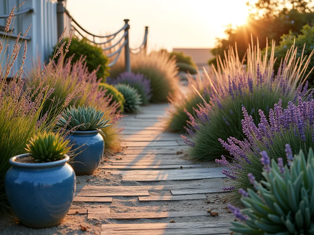 Coastal Native Garden at Sunset - A stunning wide-angle DSLR photograph of a coastal garden pathway at golden hour, featuring sweeping drifts of purple sea lavender and swaying beach grass catching the warm sunset light. Maritime succulents in weathered blue ceramic pots dot the sandy pathway edges, while ornamental grasses create a gentle movement in the sea breeze. Natural weathered wood decking leads through the garden, with vintage nautical rope handrails adding authentic maritime charm. The layered planting design showcases different heights and textures, with the beach grass creating a soft, ethereal backdrop. Shot at f/8 with natural lighting highlighting the silvery foliage and creating depth in the composition. A distressed white coastal fence partially visible in the background completes the seaside garden aesthetic.