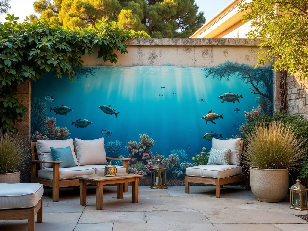 Coastal Paradise Garden Wall Mural - A stunning wide-angle photograph of a residential backyard garden featuring a large, weathered garden wall adorned with a professionally painted ocean-themed mural. The mural depicts a serene underwater scene with vibrant coral reefs, graceful sea turtles, and schools of tropical fish in ethereal blue tones. The wall is partially covered with climbing jasmine vines that frame the artwork naturally. The foreground shows a Mediterranean-style patio with weathered teak furniture and potted coastal grasses, while brass nautical lanterns cast a warm glow as the sun sets. Captured with a 16-35mm lens at f/2.8, ISO 400, during golden hour to emphasize the artistic details and create a magical coastal atmosphere.