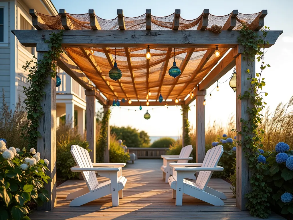 Coastal Pergola with Fishing Net Canopy - A stunning coastal garden pergola at golden hour, shot with a wide-angle lens capturing a weathered white wooden structure draped with authentic tan fishing nets creating dappled shade patterns on the wooden deck below. Vintage glass floats in blues and greens hang at varying heights from the nets, catching the warm evening light. White Adirondack chairs sit beneath, while climbing white jasmine and blue morning glory vines weave through the pergola posts. Strings of warm LED lights are tastefully intertwined with the netting, creating a magical maritime atmosphere. The background shows glimpses of coastal grasses and hydrangeas swaying in the sea breeze. Shot at f/8 with natural lighting emphasizing the texture of the nets and the interplay of light and shadow, ISO 100 for crystal clarity.