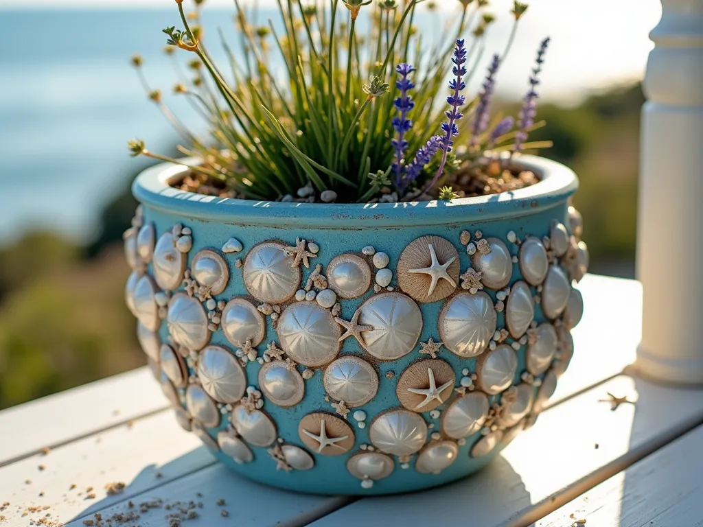 Coastal Shell-Adorned Ceramic Planter Display - Close-up shot of an elegant weathered blue ceramic planter adorned with an intricate pattern of pearly seashells, starfish, and sand dollars, artfully arranged and secured with clear adhesive. The planter sits on a whitewashed wooden deck, overflowing with cascading silver-blue senecio, purple beach verbena, and coastal rosemary. Golden late afternoon sunlight casts warm shadows across the scene, highlighting the iridescent shells against the planter's surface. Small pieces of sea glass and tiny shells create a decorative border around the planter's rim, while crushed seashells are scattered artistically at its base. The ocean can be glimpsed in the blurred background, creating a seamless connection between the decorative element and its coastal inspiration.