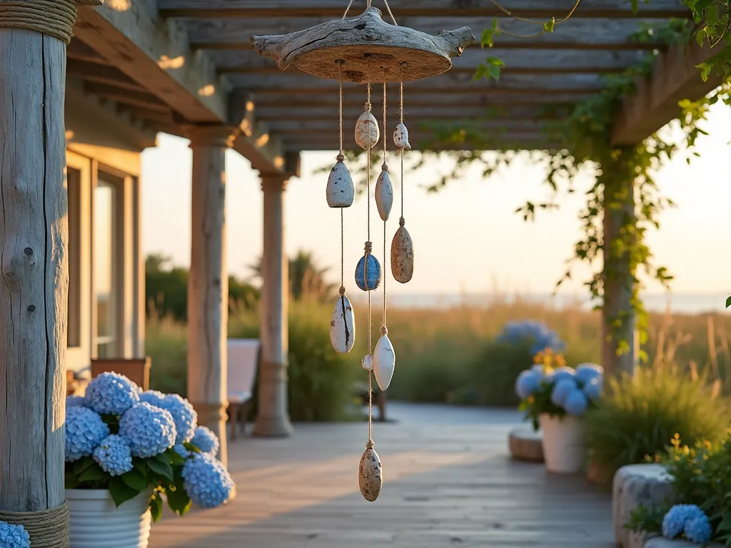 Nautical Wind Chimes at Sunset - A close-up shot of elegant coastal wind chimes hanging from a weathered driftwood beam on a beachy patio pergola, captured during golden hour. The wind chimes feature a mesmerizing arrangement of pearlescent seashells, bleached driftwood pieces, and small vintage-style blue and white buoys, all connected by natural hemp rope. Soft evening light filters through the chimes, casting intricate shadows on the weathered deck below. In the background, ornamental beach grass sways gently, while climbing jasmine weaves through the pergola structure. The scene is complemented by weathered coastal décor including rope-wrapped posts and scattered blue hydrangeas in distressed white planters.