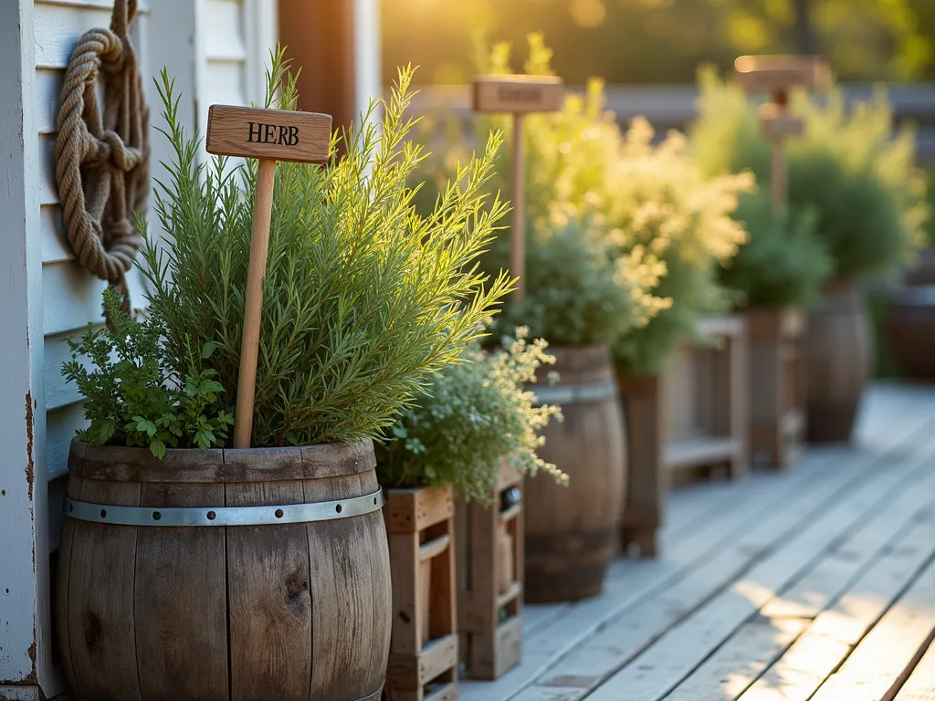 Coastal Herb Garden in Rustic Ship Barrels - A charming maritime herb garden bathed in golden evening light, featuring weathered oak ship barrels and vintage wooden crates arranged on a whitewashed wooden deck. The containers overflow with fragrant Mediterranean herbs - tall stalks of rosemary, cascading thyme, and silvery sage leaves catching the warm sunlight. Handcrafted wooden signs with nautical rope borders mark each herb variety, while decorative coiled rope and authentic ship's compass add maritime character. Shot from a 45-degree angle to capture depth, with selective focus highlighting the rustic textures of the wood and the delicate herb foliage. Professional DSLR photograph with natural lighting, f/8 aperture, ISO 100, 1/125 shutter speed.