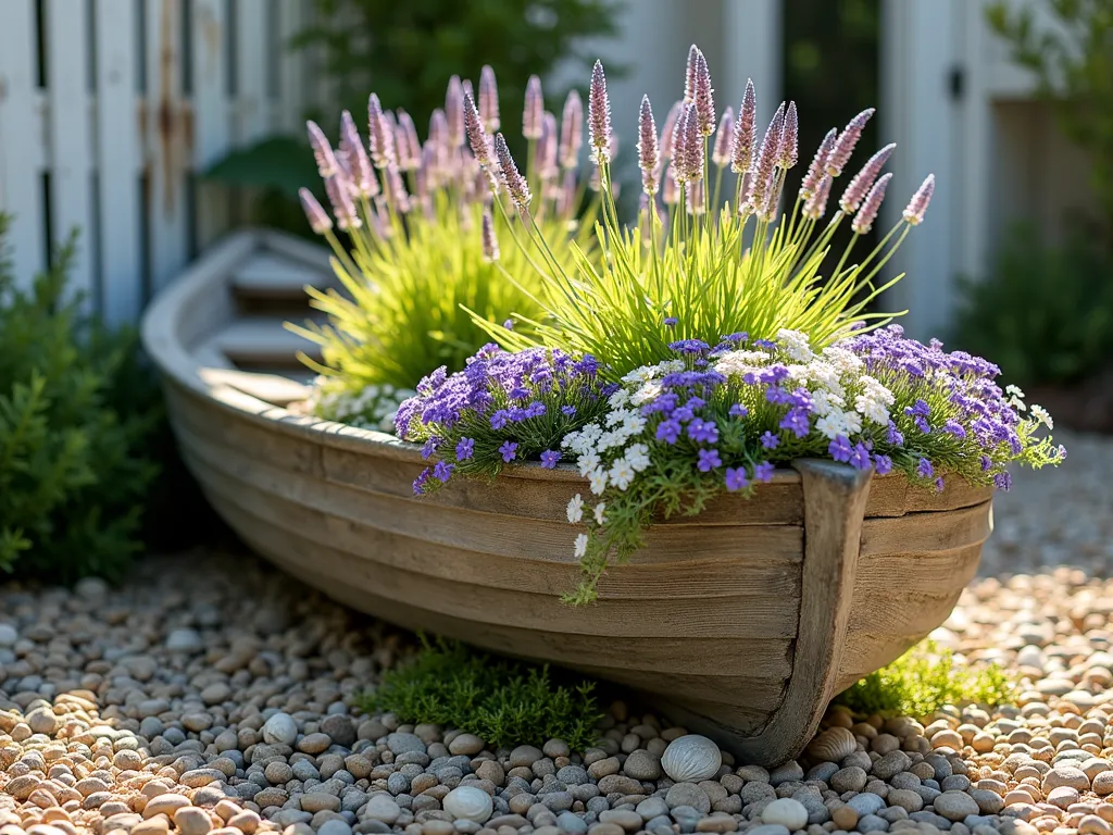 Rustic Boat Garden with Cascading Blooms - A vintage weathered wooden rowboat transformed into a stunning garden planter, placed on a rustic pebble patio surrounded by coastal grasses. The boat overflows with cascading purple lavender, white alyssum, and ornamental fountain grass catching the warm late afternoon sunlight. Soft shadows cast across the weathered wood planks, while trailing flowers spill over the boat's edges. The scene is set in a cozy backyard garden with a whitewashed fence in the background and scattered seashells around the base. A gentle coastal breeze appears to ruffle the grasses, captured in photographic detail with soft bokeh effects.