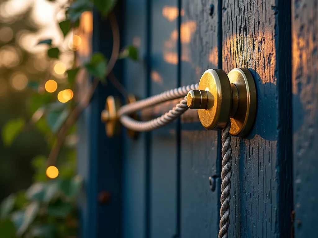 Nautical Cleat Garden Gate Hardware - Close-up shot of a weathered wooden garden gate at golden hour, featuring a polished brass 8-inch boat cleat mounted as a handle. The cleat is artistically installed on distressed navy blue painted wood, with climbing jasmine vines partially wrapping around the edges. The hardware casts dramatic shadows on the gate surface, while soft bokeh effects from string lights twinkle in the background. Stainless steel nautical rope is elegantly wrapped through the cleat, adding authentic maritime charm. The scene is composed to emphasize the contrast between the gleaming metal and rustic wood textures.