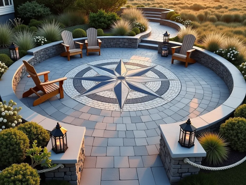 Elegant Compass Rose Patio Design - A stunning circular patio featuring an intricate 8-foot compass rose design created with contrasting natural stone pavers in soft gray and deep blue tones. The compass rose is centerpiece of a wider circular patio space, surrounded by curved garden beds filled with coastal grasses and white flowering plants. Weathered teak Adirondack chairs are strategically placed around the compass rose. Maritime rope details accent the patio's edge, while vintage brass lanterns provide ambient lighting. Shot from a 45-degree elevated angle during golden hour, capturing long shadows across the detailed stonework. The surrounding landscape includes ornamental grasses catching the warm light, creating a ethereal coastal atmosphere. Photographed with a DSLR camera, wide-angle lens, f/8, ISO 100, 1/125 sec.