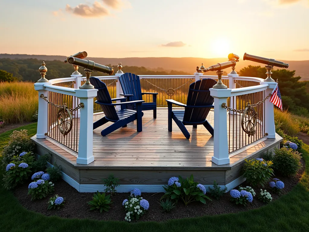 Nautical Garden Captain's Watch Platform at Sunset - A stunning elevated wooden deck platform in a coastal garden, photographed at golden hour. The 8-foot-high hexagonal structure features white-painted ship's rails with rope details, brass finishings, and a ship's wheel mounted on the railing. Weathered cedar planks form the flooring, while white-painted posts support a small copper cupola. Coastal grasses and blue hydrangeas surround the base, with climbing roses and jasmine gracefully winding up the support posts. A pair of classic brass telescopes mounted on the rails faces the garden. Shot with a wide-angle lens capturing the entire structure against a warm sunset sky, with soft lighting illuminating the weathered wood textures and casting long shadows across the deck. Maritime signal flags add splashes of color, while Adirondack chairs in navy blue provide comfortable seating.