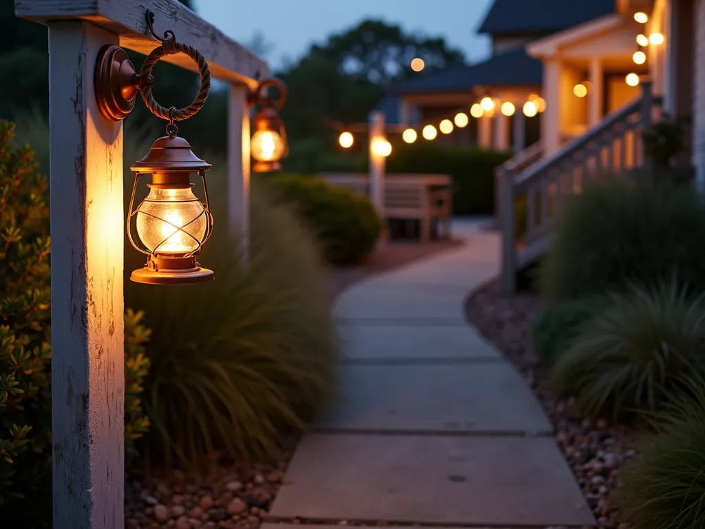 Nautical Garden Evening Lighting - A dusk photograph of a coastal-style backyard garden path illuminated by vintage brass ship lanterns and rope-wrapped light fixtures. The pathway winds through ornamental grasses and leads to a weathered wooden deck. Antique copper marine sconces mounted on white-painted posts cast warm, ambient light across the garden. Hurricane lanterns with flickering LED candles hang from shepherd's hooks, while nautical rope lights weave through the deck railing. Beach pebbles line the path, and coastal ornamental grasses sway in the evening breeze. Shot with shallow depth of field focusing on a prominent brass ship's light, with soft bokeh of additional lighting in the background. The warm glow of the lighting creates dramatic shadows and highlights the textures of the weathered wood and natural elements.