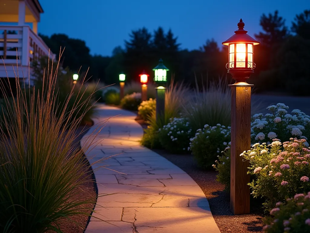 Nautical Navigation Garden Path - A twilight photograph of a winding garden path illuminated by authentic brass navigation lights mounted on weathered wooden posts, alternating between classic red and green maritime lanterns. The path, lined with coastal grasses and white flowering bushes, curves through a beautifully landscaped backyard. Low-voltage copper lights cast a warm glow on natural stone pavers, while the navigation lights create striking color contrasts against the dusky blue sky. Ornamental beach grasses sway gently in the foreground, with a white-painted deck visible in the background adorned with nautical rope railings. Shot from a low angle to emphasize the dramatic lighting effect.